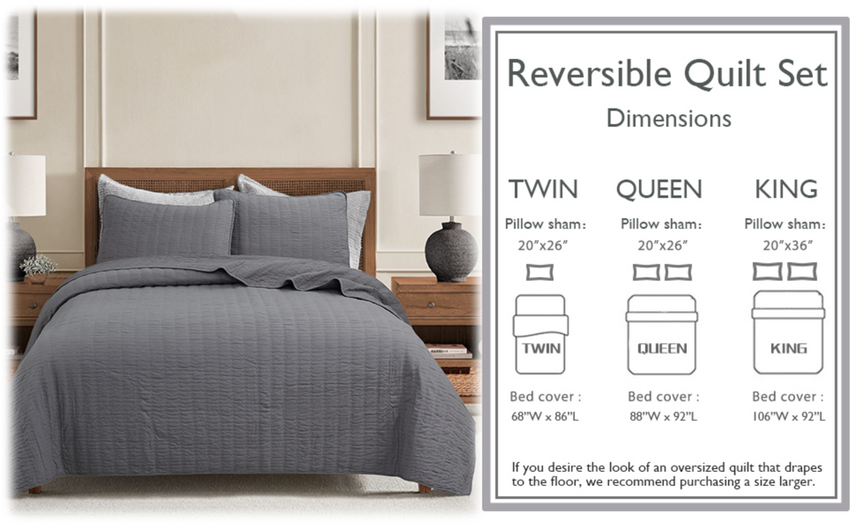 Stripe Staple Channel Lines Classic Solid Chic Gray 3 Piece Cotton Quilt Bedding Set