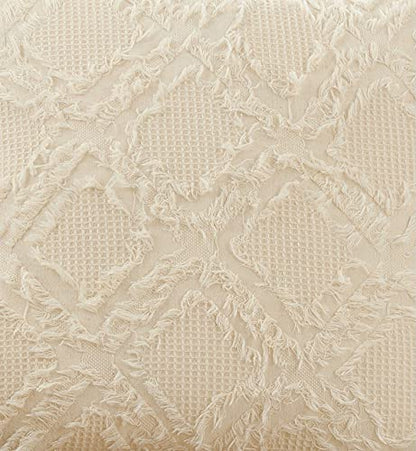 Fennco Styles Waffle Weave Fringe Reversible Cotton Decorative Throw Pillow 22" W x 22" L - Ivory Woven Square Cushion for Home, Couch, Living Room, Bedroom, Office and Holiday Décor