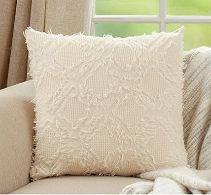 Fennco Styles Waffle Weave Fringe Reversible Cotton Decorative Throw Pillow 22" W x 22" L - Ivory Woven Square Cushion for Home, Couch, Living Room, Bedroom, Office and Holiday Décor