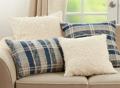 Fennco Styles Waffle Weave Fringe Reversible Cotton Decorative Throw Pillow 22" W x 22" L - Ivory Woven Square Cushion for Home, Couch, Living Room, Bedroom, Office and Holiday Décor
