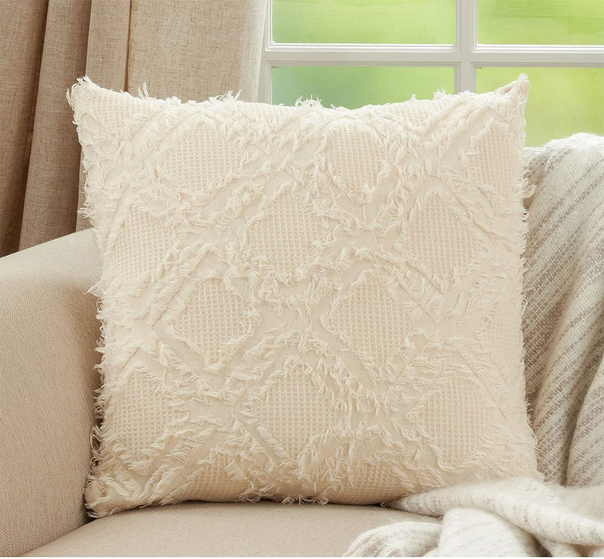 Fennco Styles Waffle Weave Fringe Reversible Cotton Decorative Throw Pillow 22" W x 22" L - Ivory Woven Square Cushion for Home, Couch, Living Room, Bedroom, Office and Holiday Décor