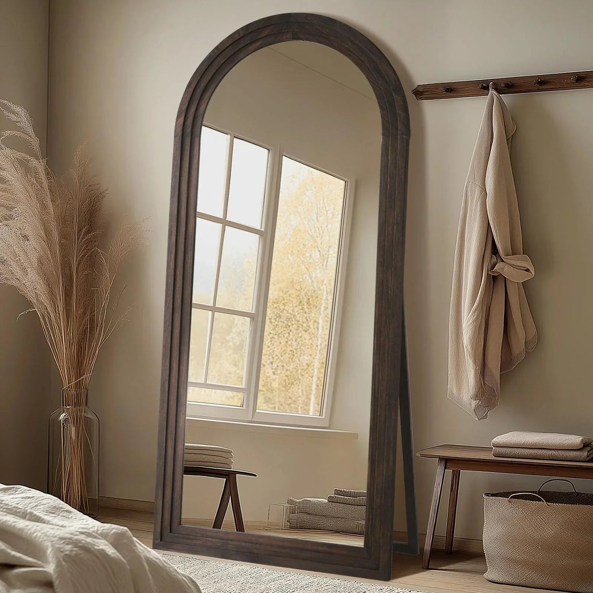 MELOMOIR Arched Solid Wood Full Length Mirror – Rustic Farmhouse Floor Mirror