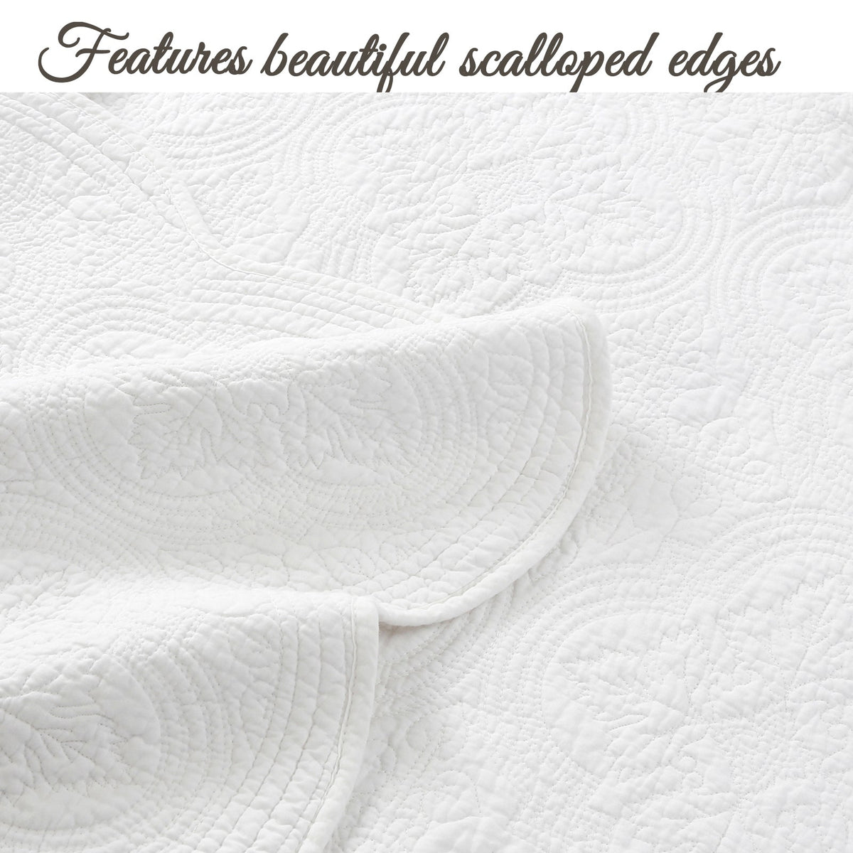Serenity White Victorian Scalloped Medallion Floral Pure Solid Cotton Reversible Quilt Bedding Set