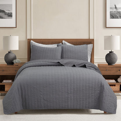 Stripe Staple Channel Lines Classic Solid Chic Gray 3 Piece Cotton Quilt Bedding Set