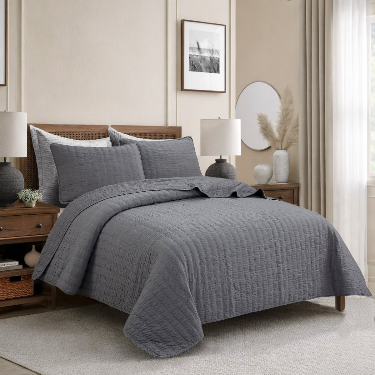 Stripe Staple Channel Lines Classic Solid Chic Gray 3 Piece Cotton Quilt Bedding Set