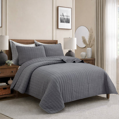 Stripe Staple Channel Lines Classic Solid Chic Gray 3 Piece Cotton Quilt Bedding Set
