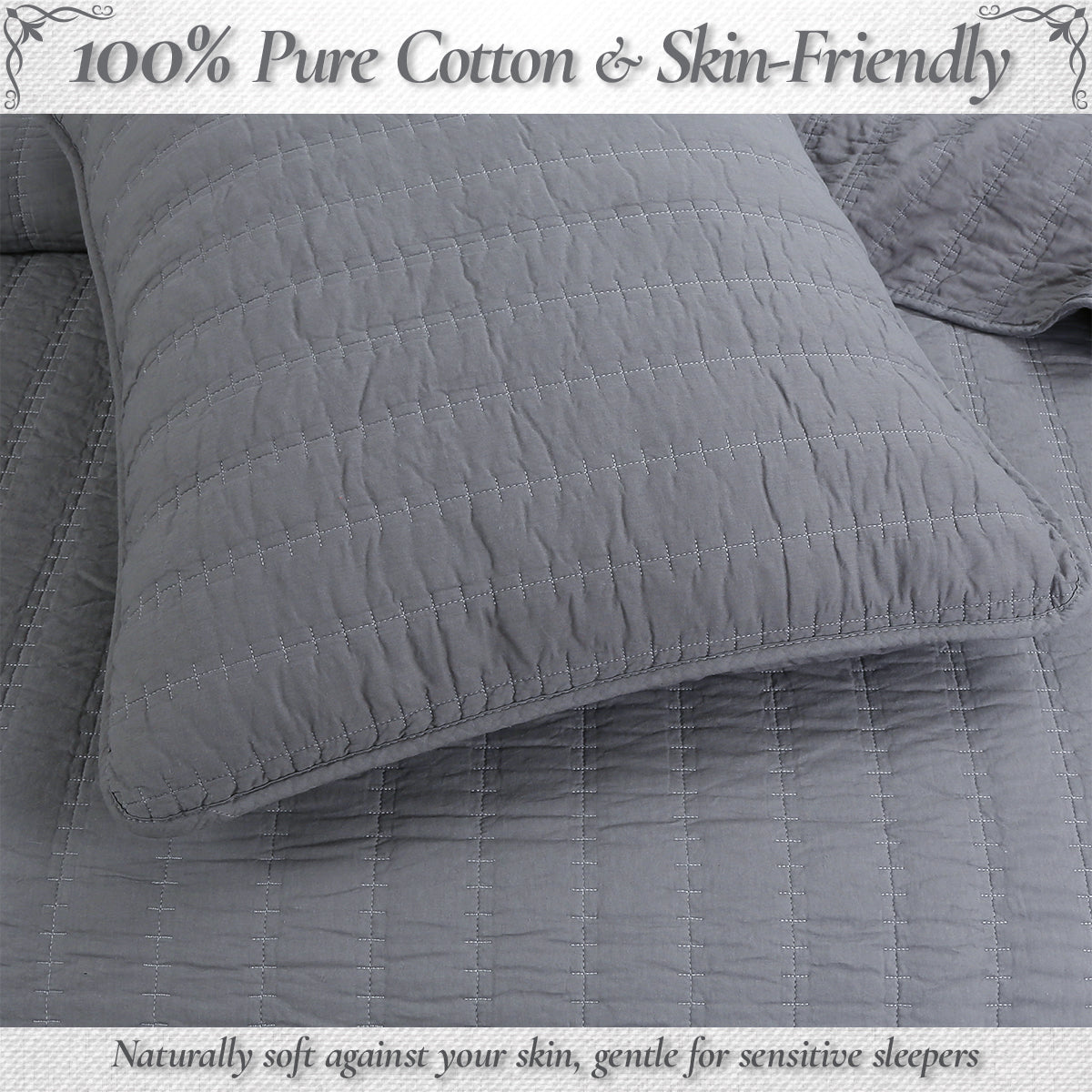 Stripe Staple Channel Lines Classic Solid Chic Gray 3 Piece Cotton Quilt Bedding Set