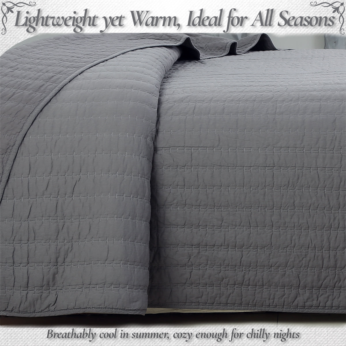 Stripe Staple Channel Lines Classic Solid Chic Gray 3 Piece Cotton Quilt Bedding Set